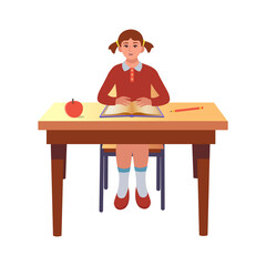  Girl sitting by desks at lesson. Cartoon character in flat style 
