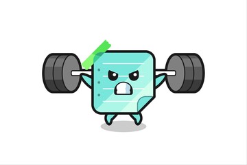 sticky notes mascot cartoon with a barbell