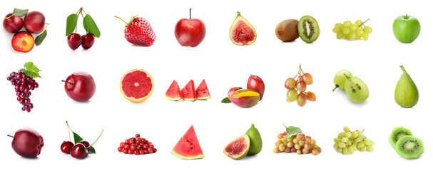 Set of bright fruits and berries on white background