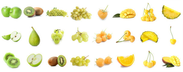 Set of bright fruits and berries on white background