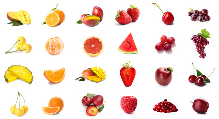 Set of bright fruits and berries on white background