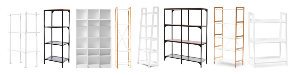 Set of empty shelving units on white background