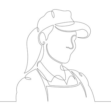 recommend clip art: One continuous line
                    Female character professional salesperson, shop assistant in uniform and cap
                    One continuous drawing line logo isolated minimal illustration.
