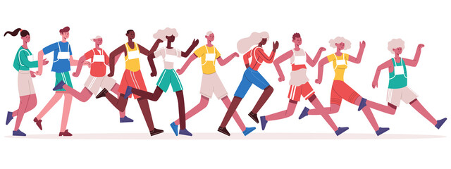 Marathon running people. Jogging athletes group, sprinting men and women isolated vector illustration. Marathon racing competition