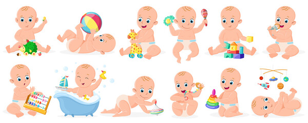 Playing babies. Cute infant baby boy or girl playing with ball, pyramid and boat isolated vector illustration set. Cheerful toddler babies activity