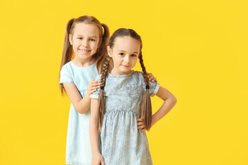 Cute little sisters on color background