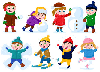 Winter children activities. Snow outdoor activity, happy little girls and boys making snowman and skiing vector illustration set. Christmas outdoor games