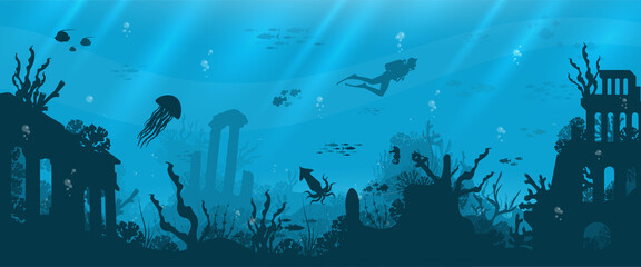 Fototapeta Underwater background with various sea views. Underwater scene. Cute sea fishes ocean underwater animals. Undersea bottom with corals seaweeds  obraz