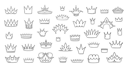 Doodle crowns. Hand drawn king and queen symbols. Urban street grunge elements. Simple tiara sketches collection. Luxury headwear silhouettes. Monarch jewelry. Vector heraldic logos set © SpicyTruffel