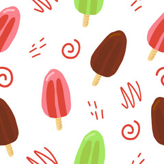 ice cream on a stick seamless pattern. hand drawn doodle. vector, cartoon. wallpaper, textiles, fabric, wrapping paper. food, sweet, refreshing, bright, summer.