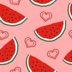 watermelon slices and hearts vector seamless pattern. hand drawn doodle. illustration for wallpaper, wrapping paper, textile, background. red juicy summer fruit.