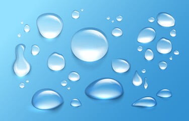 Realistic water drop. Transparent aqua splashes and droplets. Clean and fresh water condensation on surface. Isolated drips templates. Liquid flow. Vector round raindrop with reflection