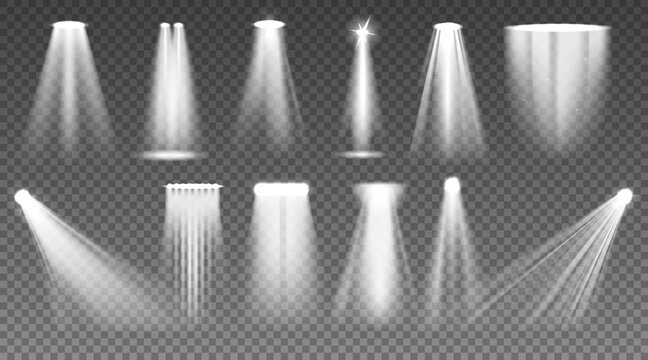 Realistic spotlight. Shiny light ray and stage projector beam. Glow effects. Bright transparent lamp and white sun glitter. Luminous floodlight templates. Vector scene lighting set