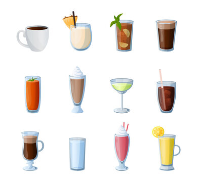 Cartoon drinks. Hot and cold beverages. Alcohol cocktails. Coffee or tea. Isolated glasses for lemonade. Milkshake and smoothie collection. Sweet cacao. Clean water. Vector bar set