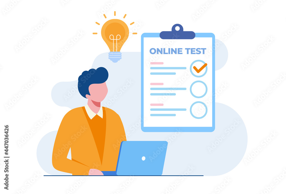 Wall mural man with a laptop passing online test and checking answers. flat vector illustration