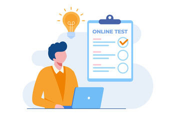 Man with a laptop passing online test and checking answers. Flat vector illustration - obrazy, fototapety, plakaty