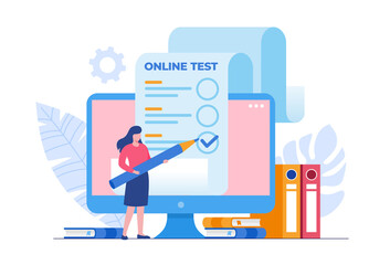 Female student passing online test and checking answers. Flat vector illustration - obrazy, fototapety, plakaty