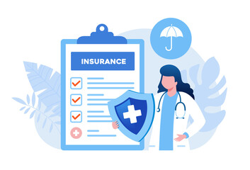 Doctor with shield, medical insurance concept flat vector illustration banner and landing page