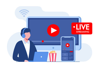 Social media live streaming concept. Flat vector illustration banner and landing page