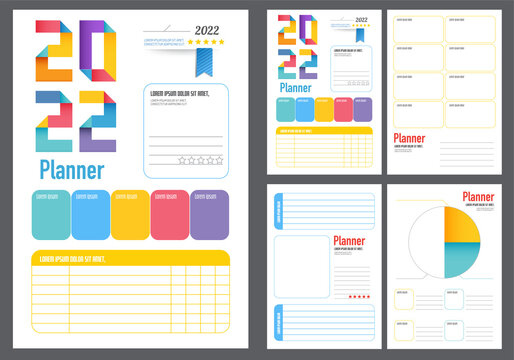 Set of minimalist planners 2022. Monthly, weekly, daily planner template. Business and time management. Paper sheet. Vector illustration.