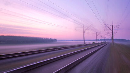 Fast traffic on rail flights. Towards sunset.