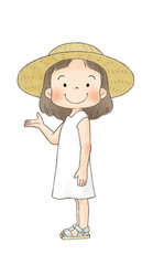 麦わら帽子の女の子（全身、横向き）