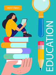 Education, school. Vector poster, banner template. A set of cliparts for design about education.