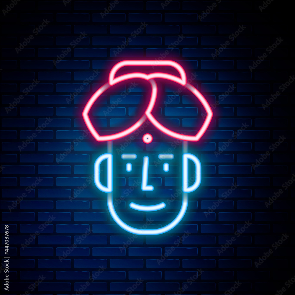 Wall mural Glowing neon line Portrait of Indian man icon isolated on brick wall background. Hindu men. Colorful outline concept. Vector