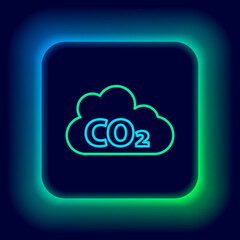 Glowing neon line CO2 emissions in cloud icon isolated on black background. Carbon dioxide formula, smog pollution concept, environment concept. Colorful outline concept. Vector