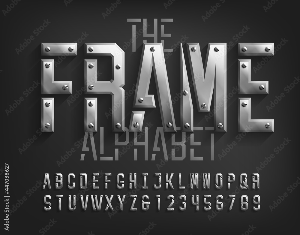 Fototapete frame alphabet font. beveled metal letters and numbers with screws. stock vector typeface for your t