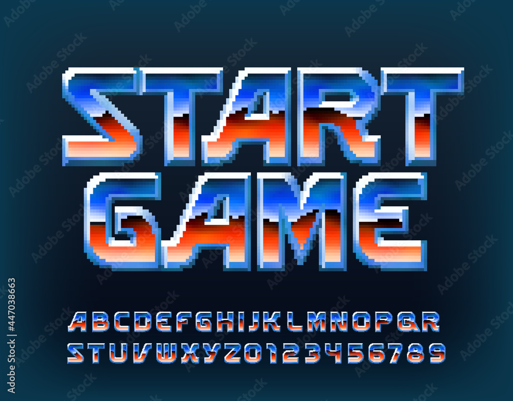 Fototapete start game alphabet font. pixel digital letters and numbers in early video game style. stock vector 