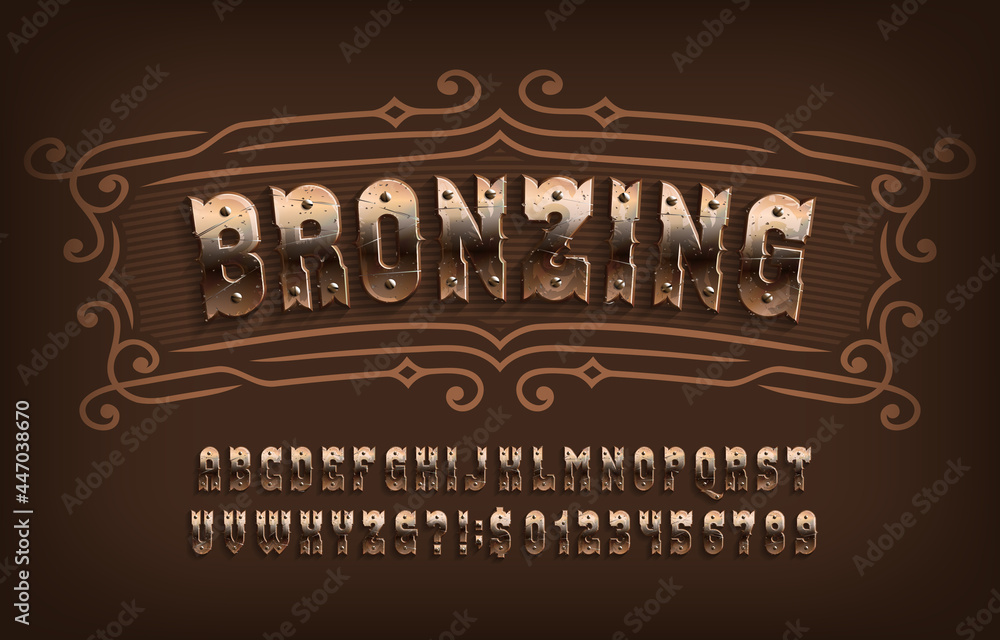 Fototapete bronzing alphabet font. rusty letters and numbers with screws. stock vector typescript for your desi