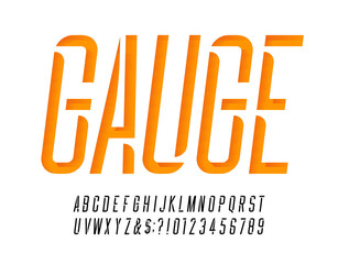 Gauge alphabet font. Condensed letters and numbers for your logo or emblem. Stock vector typescript for typography design.