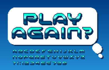 Play Again alphabet font. Pixel letters and numbers in 80s video game style. Stock vector typeface.