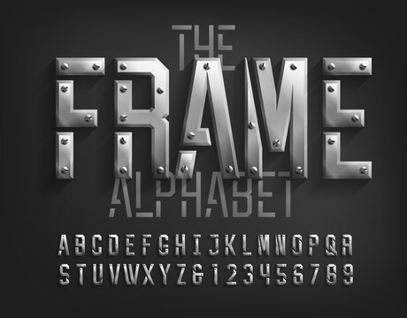 Frame alphabet font. Beveled metal letters and numbers with screws. Stock vector typeface for your typography design.