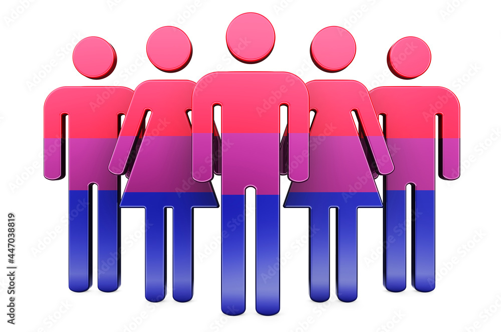 Poster stick figures with bisexual flag, 3d rendering