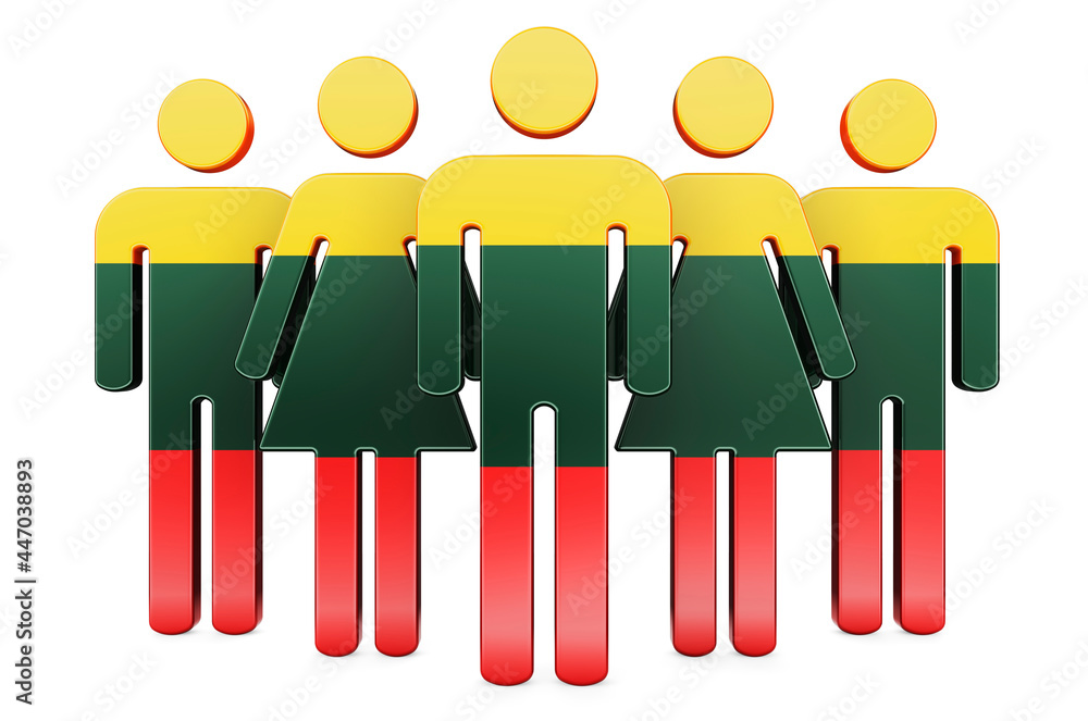 Poster stick figures with lithuanian flag. social community and citizens of lithuania, 3d rendering