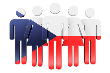 Stick figures with Czech flag. Social community and citizens of Czech Republic, 3D rendering