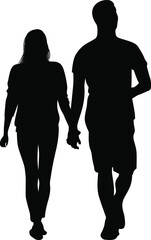 Silhouette of a young couple walking hand by hand vector illustration