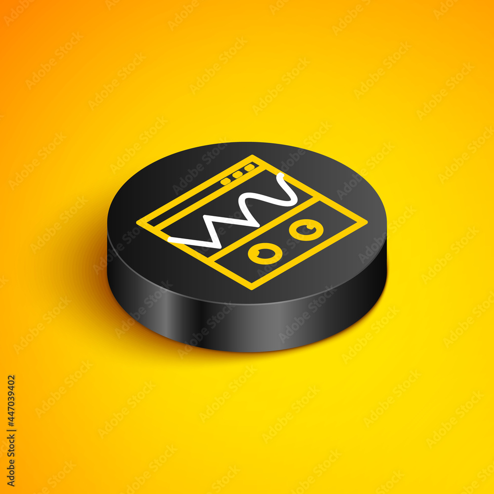 Poster isometric line oscilloscope measurement signal wave icon isolated on yellow background. black circle