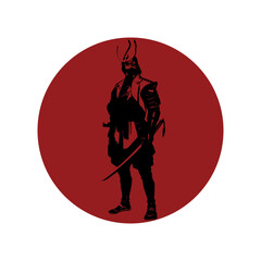 Samurai warrior on red moon. Japanese samurai cartoon illustration on white background