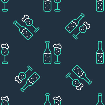 Line Beer bottle and glass icon isolated seamless pattern on black background. Alcohol Drink symbol. Vector