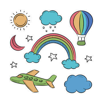 Sky Doodle, Airplane, Cloud, moon, rainbow and sun vector illustration, with hand drawn sketching design