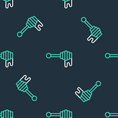 Line Honey dipper stick with dripping honey icon isolated seamless pattern on black background. Honey ladle. Vector