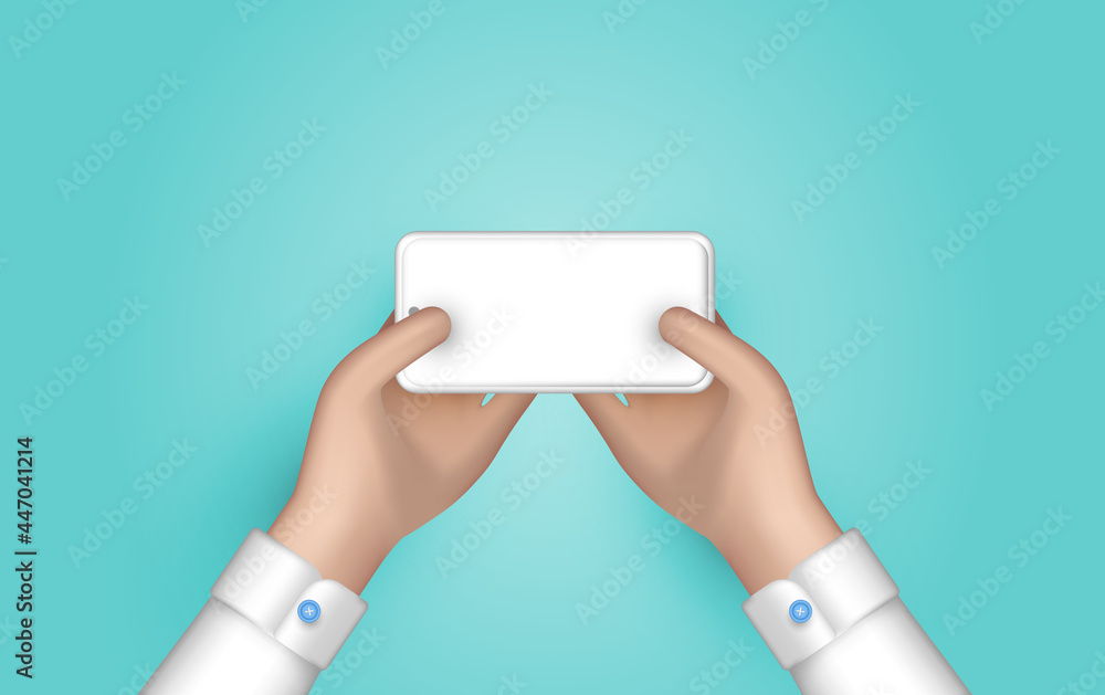 Poster two hands holding mobile. type messages on your smartphone. play games on your mobile device. isolat