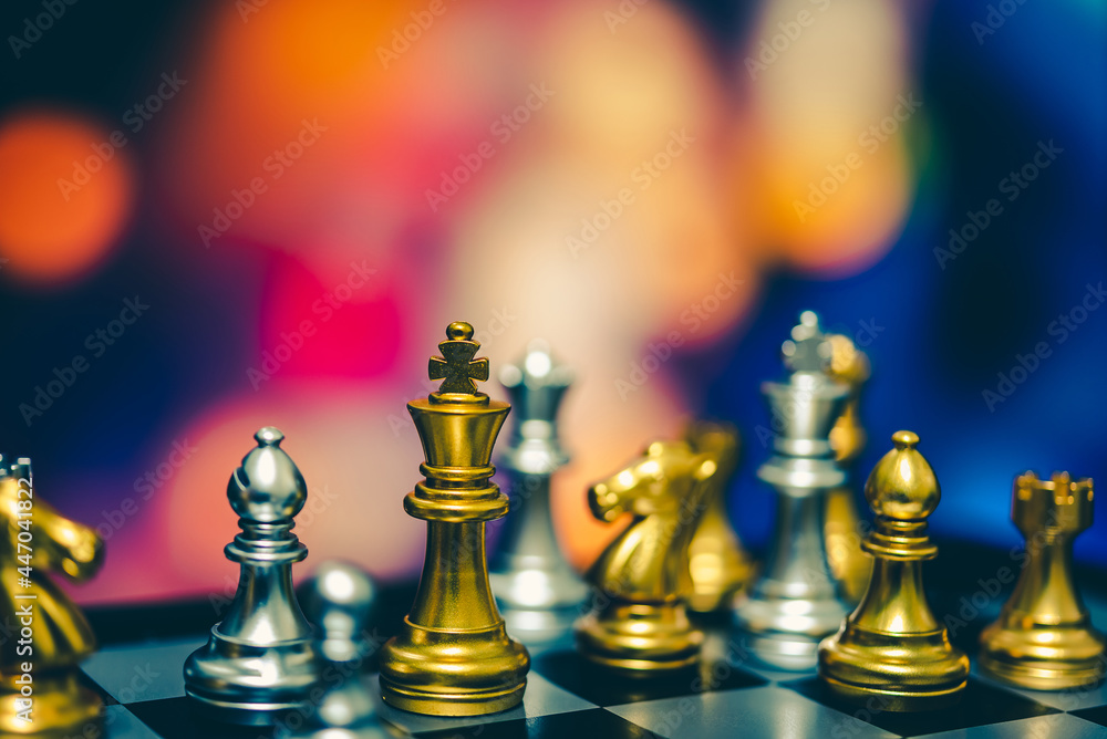 Poster closeup of chess characters on board games. to represent decision making in term of business strateg