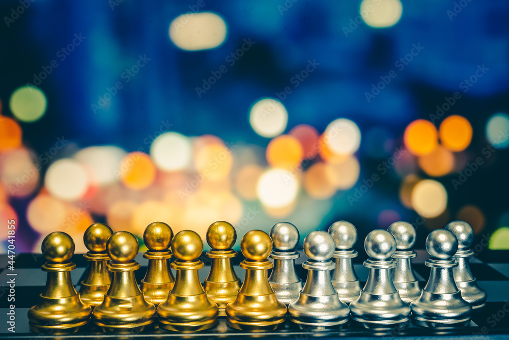 Poster closeup of chess characters on board games. to represent decision making in term of business strateg
