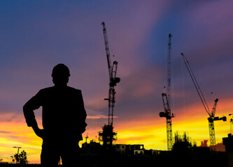 Silhouette supervisor building construction bar at the construction site and industrial concept
