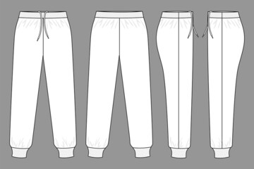 White Tracksuit Pants Template Vector On Gray Background.Front, Back and Side View.