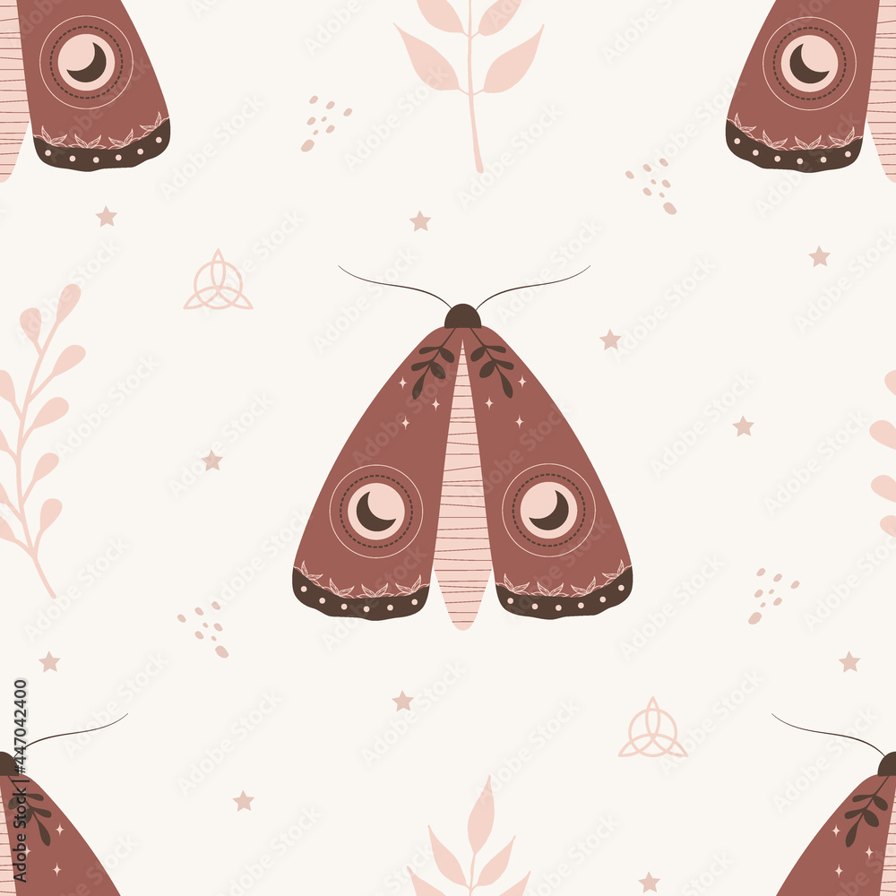 Wall mural seamless pattern with boho moth. insect with celestial elements. witch and magic symbol for textile,